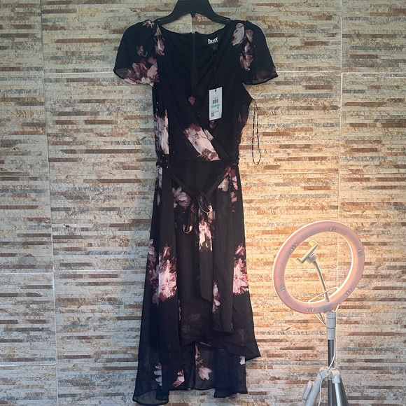 DKNY Black and Purple Floral Midi Dress - Picture 1 of 5